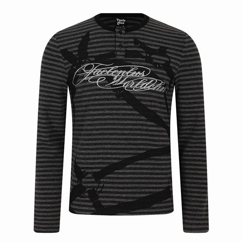 Herren Gestreiftes Longsleeve-Henley mit Knopfleiste und Typo-Print Shop Nory