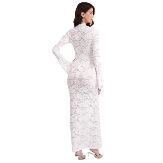 Damen Spitzenmaxikleid mit Schnürung und hohem Beinschlitz Shop Nory
