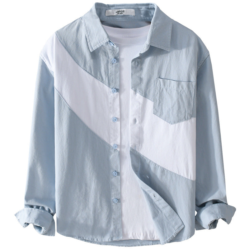 Herren Baumwoll-Overshirt mit diagonalem Colorblock, Kentkragen und Brusttasche Shop Nory