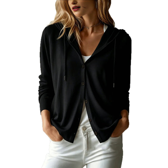 Damen nan leichter Kapuzen-Cardigan mit Knopfleiste und Tunnelzug Shop Nory