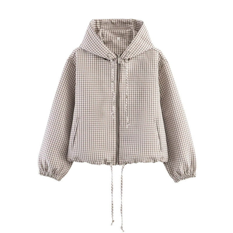 Damen Gekürzte Steppjacke mit Kapuze, Tunnelzug und Karomuster Shop Nory