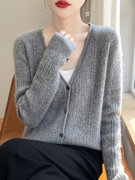 Damen Kurzer Zopfmuster-Cardigan im Mohair-Look mit V‑Ausschnitt und gerippten Bündchen Shop Nory