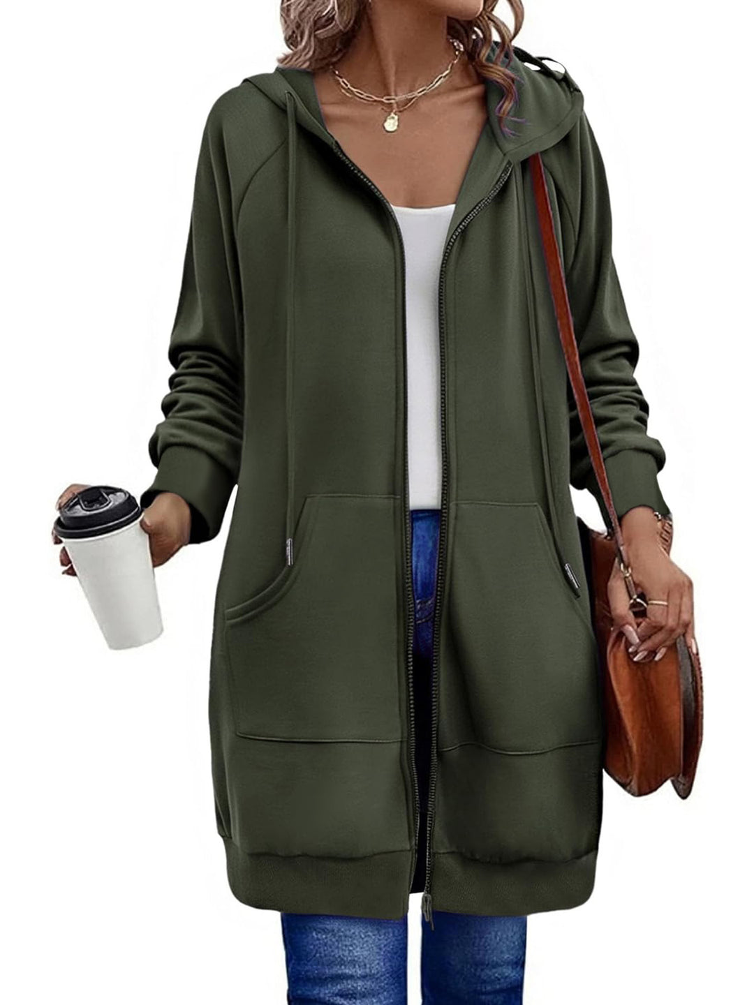 Damen Langer Zip‑Hoodie mit Oversize‑Silhouette, Kängurutaschen und Rippbündchen Shop Nory