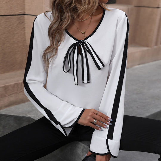 Damen Elegante Chiffon-Bluse mit Kontrastpaspel, SchleifenbindShop Noryand und Trompetenärmeln Shop Nory