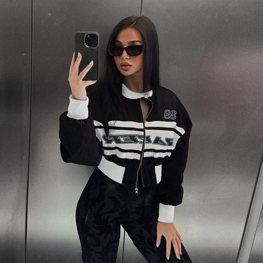 Damen Kurzgeschnittene Racer-Trainingsjacke mit Reißverschluss, sportlichem Print und elastischem Bund Shop Nory