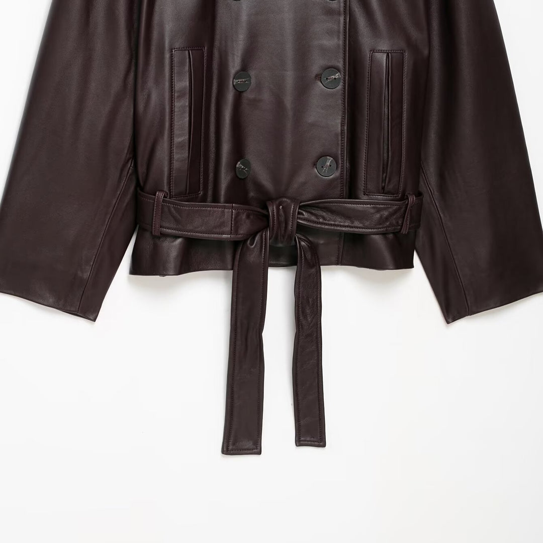 Damen Kurze Leder-Trenchcoat-Jacke mit hohem Stehkragen, doppelreihiger Knopfleiste und Taillengürtel Shop Nory