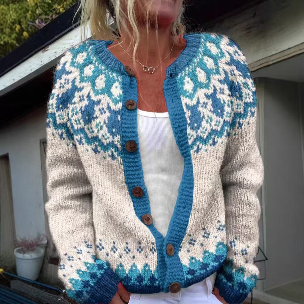 Damen nan gemusterte Strickjacke mit Rundpasse, Holzknöpfen und Eingrifftaschen Shop Nory