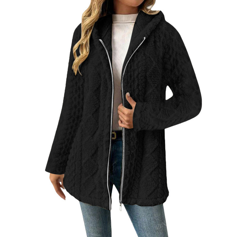 Damen Kapuzen-Sherpajacke mit Zopfmuster, mittellang und Zwei-Wege-Reißverschluss Shop Nory
