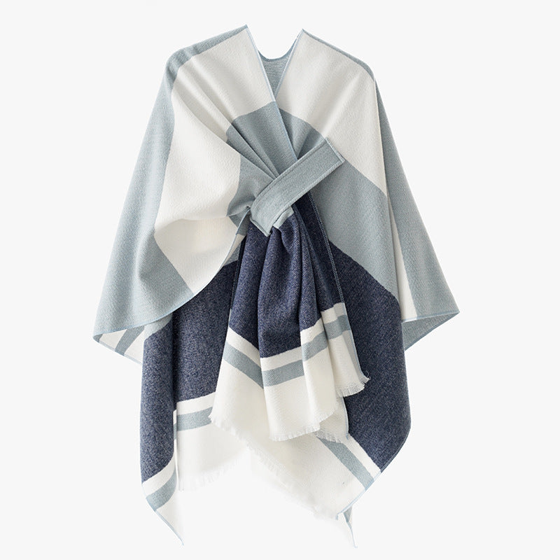 Damen Oversize-Capeponcho aus Wollmix mit Bindeschlaufe und Streifenbordüre Shop Nory