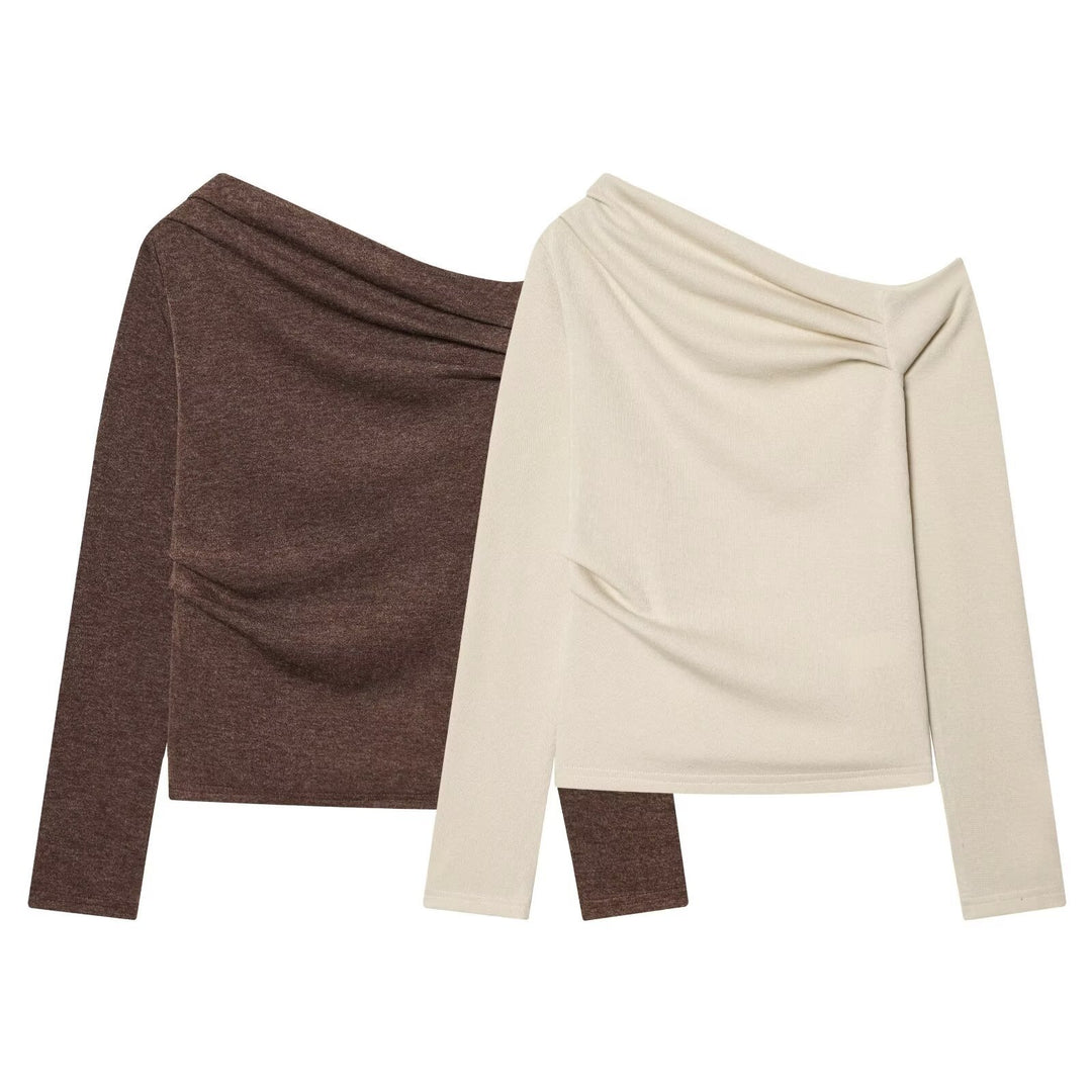 Damen Schulterfreier Feinstrick-Longsleeve mit drapiertem Wasserfallkragen Shop Nory