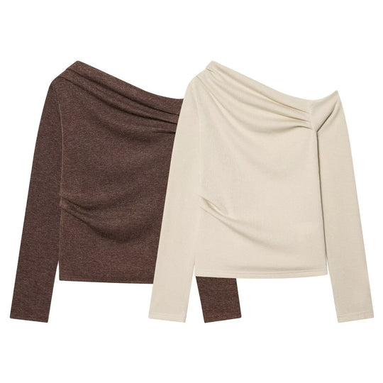 Damen Schulterfreier Feinstrick-Longsleeve mit drapiertem Wasserfallkragen Shop Nory