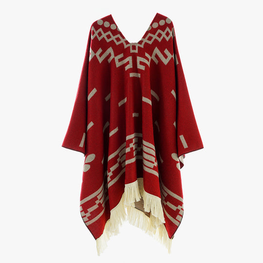 Damen Oversize Poncho im Boho‑Stil mit V‑Ausschnitt, Jacquard‑Muster und langen Fransen Shop Nory