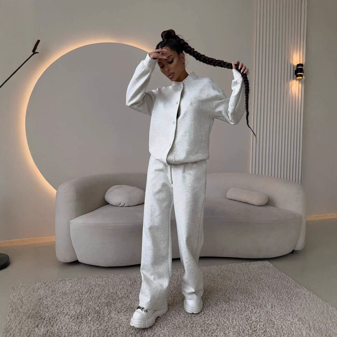 Damen Zweiteiliges Loungewear-Set mit Stehkragen, dekorativen Schmuckknöpfen und weitem Palazzo-Hosenbein Shop Nory
