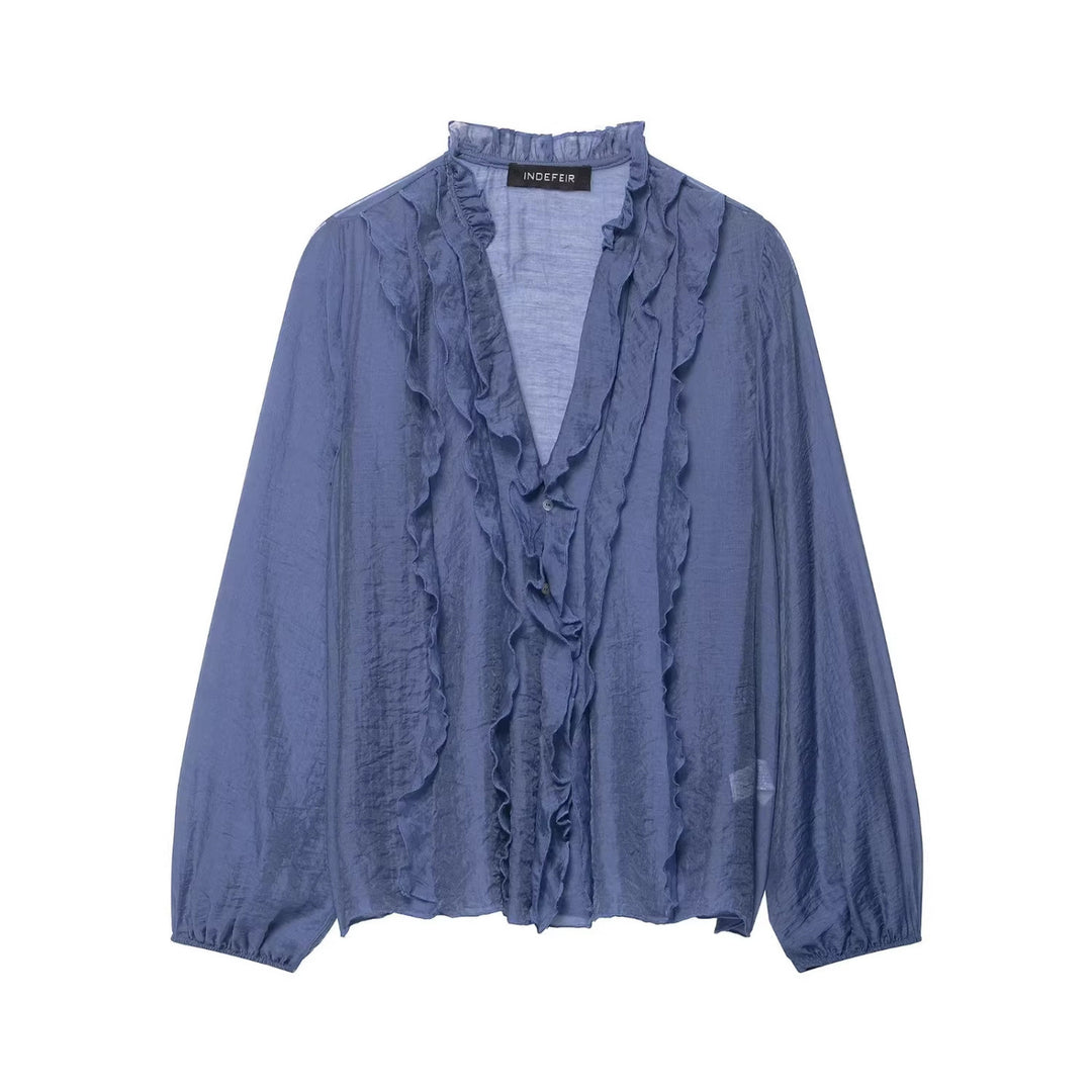 Damen Transparente Crinkle-Bluse mit Volantkragen, Rüschenfront und Ballonärmeln Shop Nory