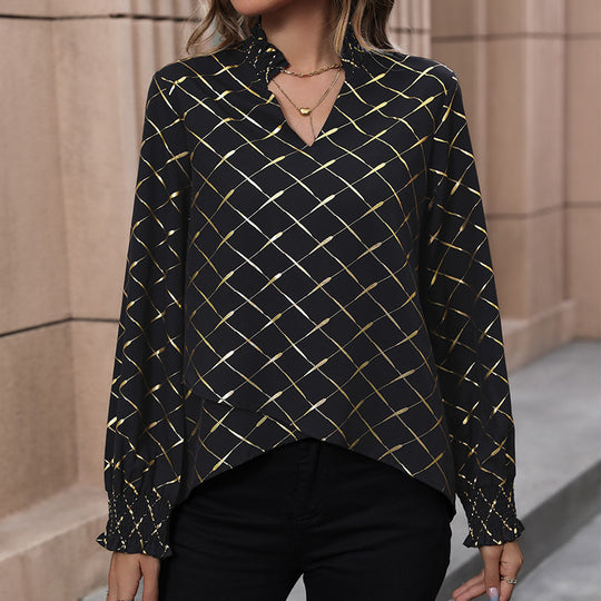 Damen Glänzende Karobluse mit Stehkragen, V‑Ausschnitt und Smokmanschetten Shop Nory