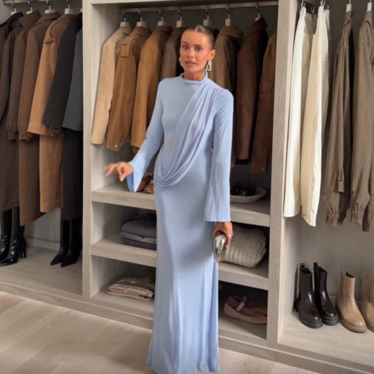 Damen Maxikleid mit Drapierter Front, Stehkragen und Glockenärmeln Shop Nory