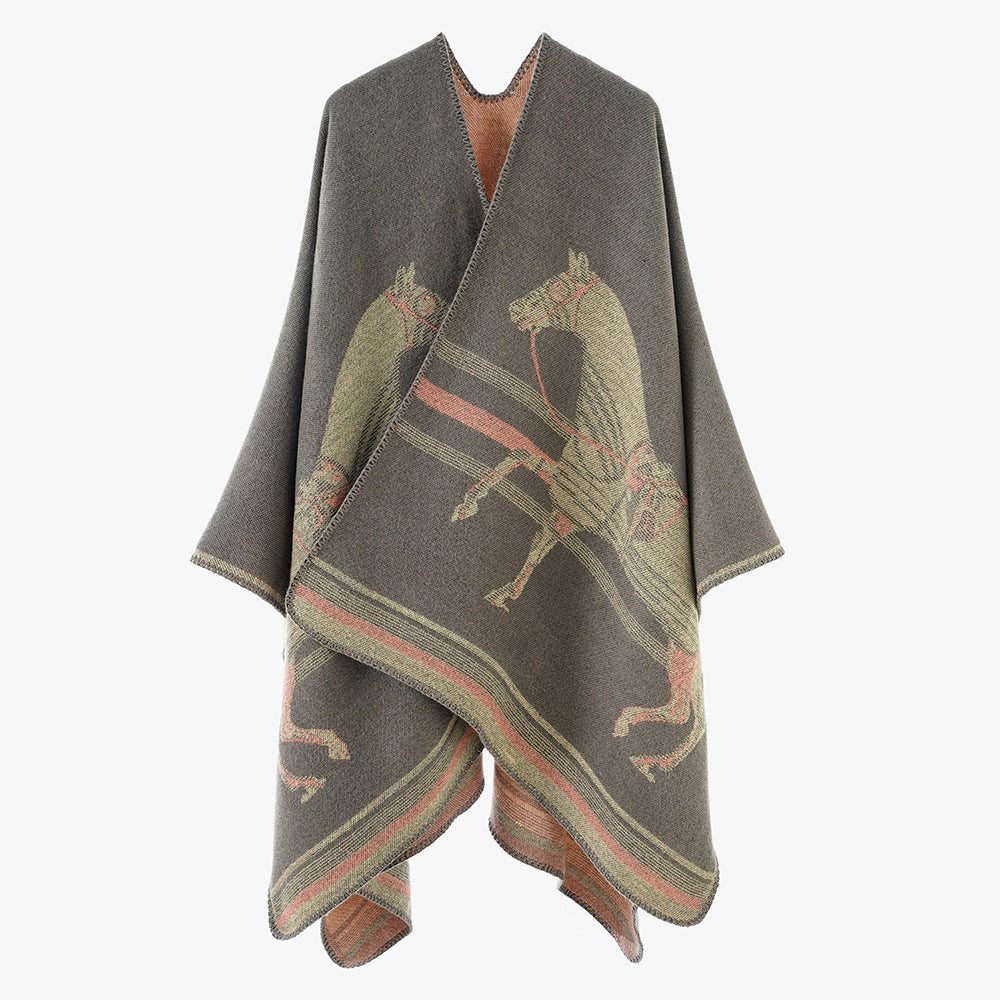 Damen Poncho-Cape aus Wollmix mit gewebtem Pferde-Jacquard und kontrastkettelung Shop Nory