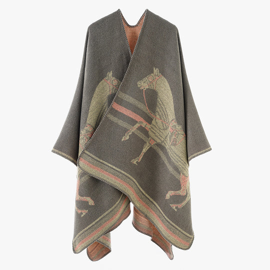 Damen Jacquard‑Poncho mit Pferdemotiv und weichem Wollmix Shop Nory