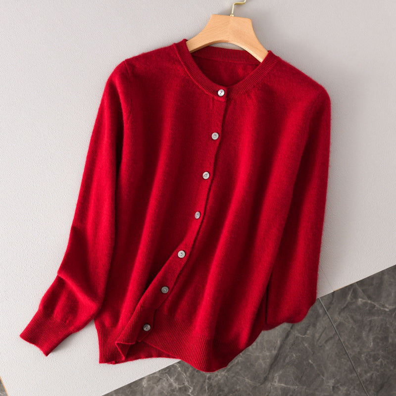 Damen Leichter Rundhals-Knopfcardigan in Kaschmiroptik mit feiner Rippkante und lässiger Silhouette Shop Nory