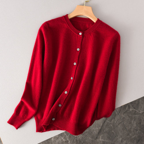 Damen Leichter Rundhals-Knopfcardigan in Kaschmiroptik mit feiner Rippkante und lässiger Silhouette Shop Nory