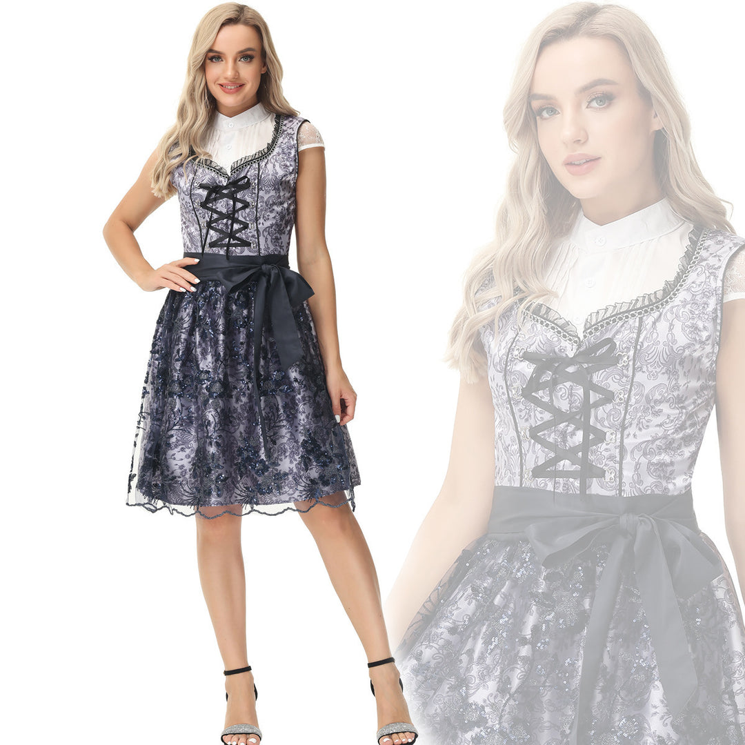 Damen nan elegantes Dirndlkleid mit geschnürter Miederfront und Spitzenüberrock Shop Nory