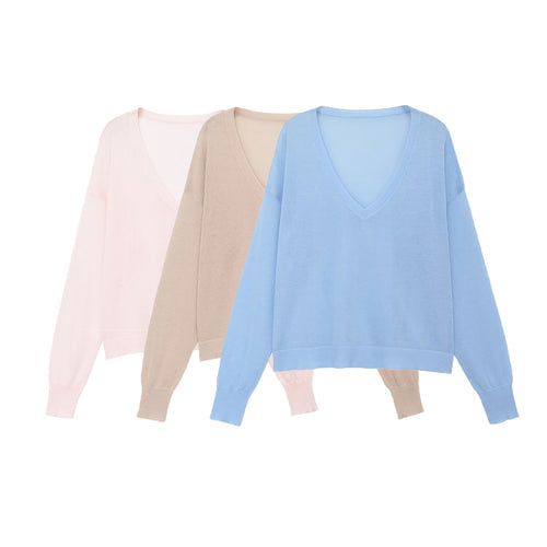Damen Oversize-Feinstrickpullover mit tiefem V-Ausschnitt und gerippten Bündchen Shop Nory