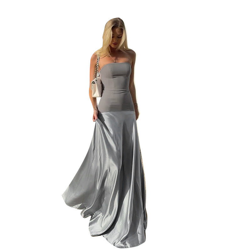 Damen bodenlanges Abendkleid mit trägerlosem Design und fließendem Satin Shopnory