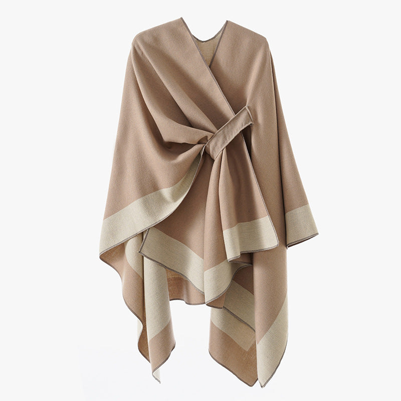 Damen Weicher Strickponcho mit Gürtel und Kontrastkante Shop Nory
