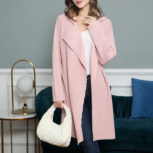 Damen langer offener Rippstrick-Cardigan mit weitem Schalkragen Shop Nory