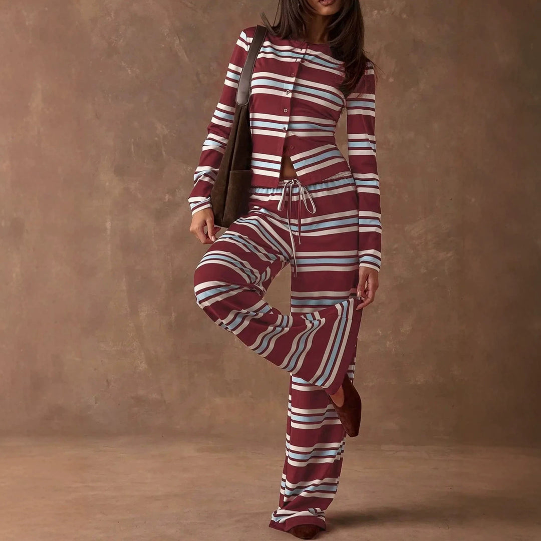 Damen Gestreiftes Strick-Lounge-Set mit tailliertem Knopfcardigan und weitem Palazzohose Shop Nory