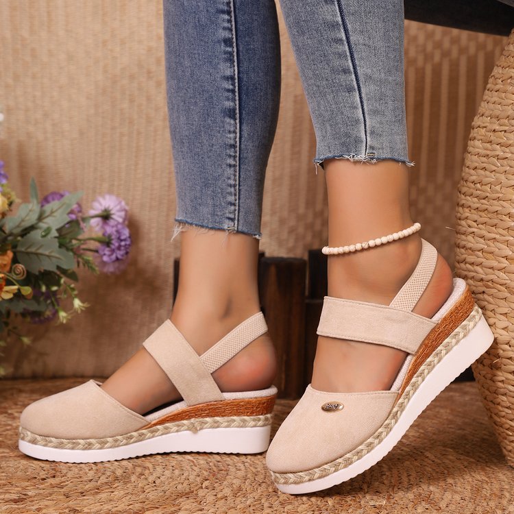 Damen Bequeme Espadrilles mit elastischen Riemen und dekorativem Bastbesatz
