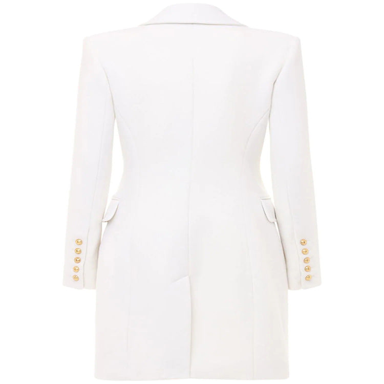Damen Schmalgeschnittener Zweireihiger Wollmix-Longcoat mit markanter Schulter und goldenen Zierrundknöpfen Shop Nory