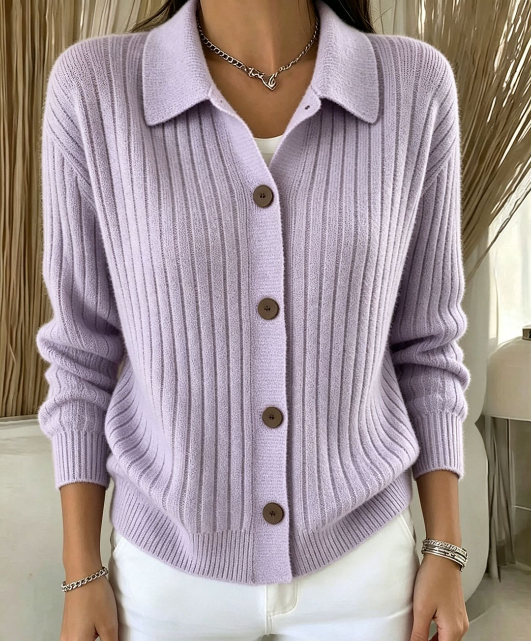 Damen Feiner gerippter Knopf‑Cardigan mit Hemdkragen und kastiger Silhouette Shop Nory