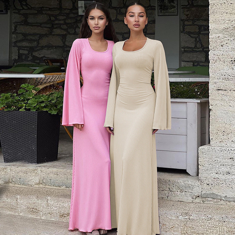 Damen Elegantes Maxikleid mit extra weitem Ärmel und trendiger Rippstruktur