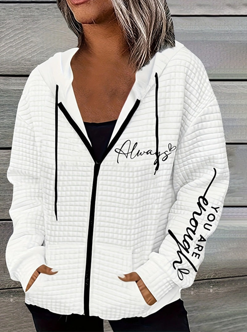 Damen nan oversized Kapuzenjacke mit Reißverschluss, handgeschriShopnoryener Typo-Applikation und Kontrast-Eingrifftaschen