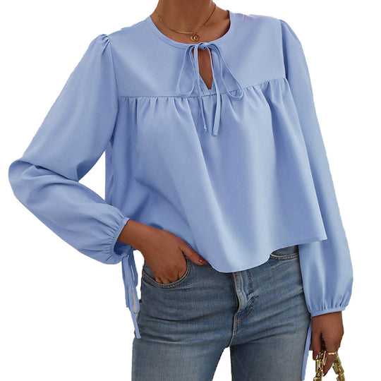 Damen lockere Bluse mit gerüschtem Einsatz, Bindeschleife am Ausschnitt und Kordelärmeln Shop Nory
