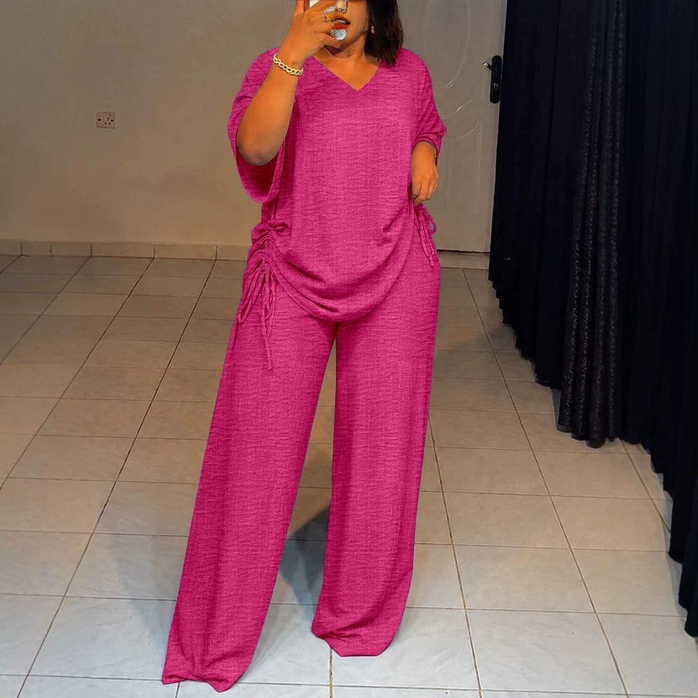 Damen Oversize-Lounge-Set mit V-Ausschnitt, seitlicher Raffung und weiter Palazzohose Shop Nory