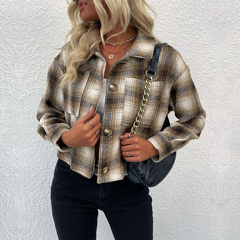 Damen Karo-Umschlaghemdjacke mit kastiger Kurzform und aufgesetzten Brusttaschen Shop Nory
