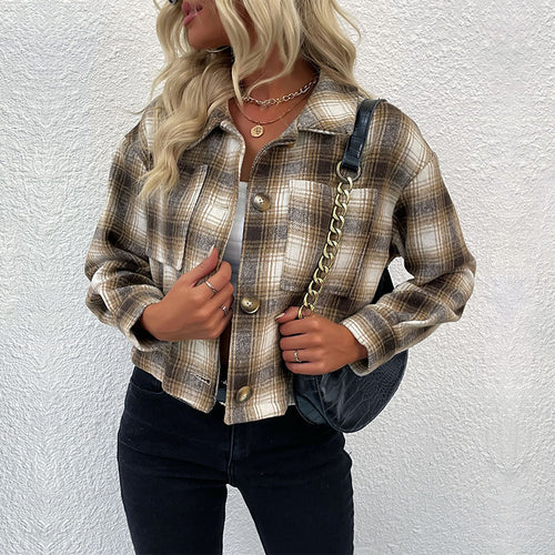 Damen Karo-Umschlaghemdjacke mit kastiger Kurzform und aufgesetzten Brusttaschen Shop Nory