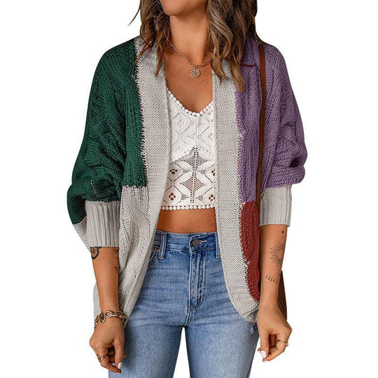 Damen Lockere Strickjacke mit modischem Farbblockdesign und tiefen Taschen