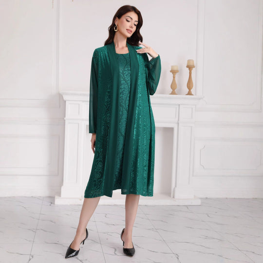 Damen Zweiteiliges Midikleid-Set mit floralem Jacquard-Overlay und offenem Mantel Shop Nory