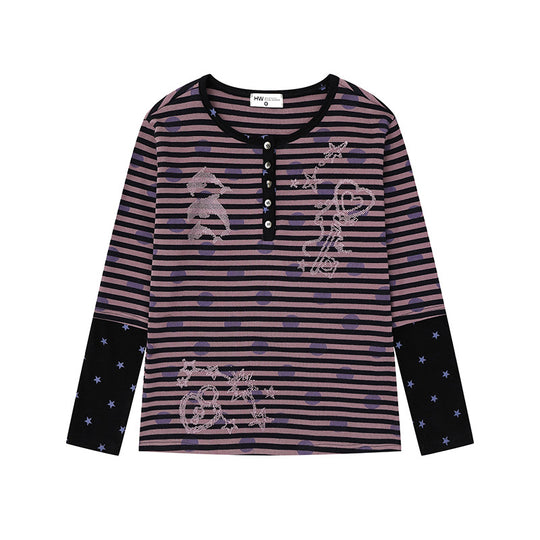 Damen Gestreiftes Henley-Langarmshirt mit Kontrastärmeln, Sternprint und Zierstein-Motiven Shop Nory