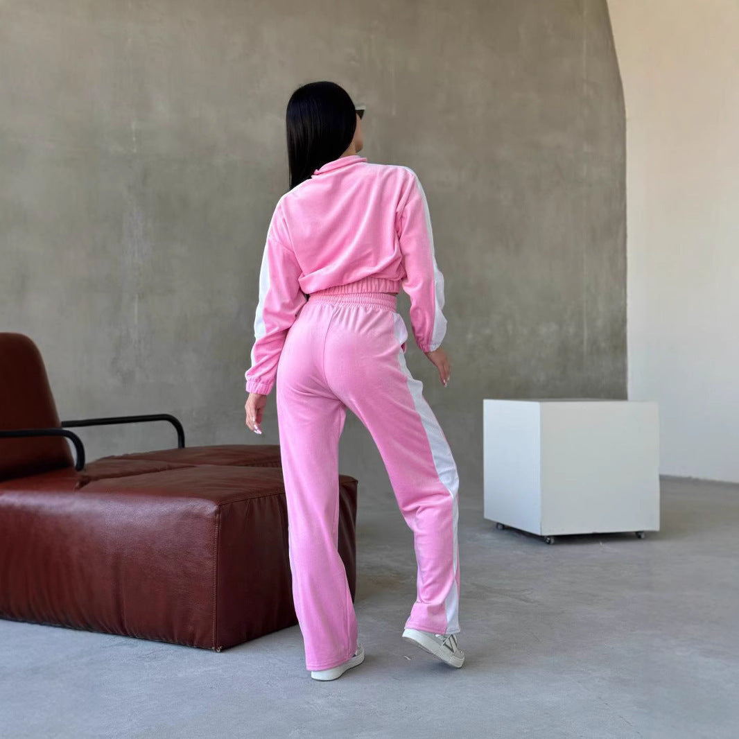 Damen weiches Samt Trainingsanzug Set mit Reißverschlussjacke und elastischer Tunnelzughose Shop Nory