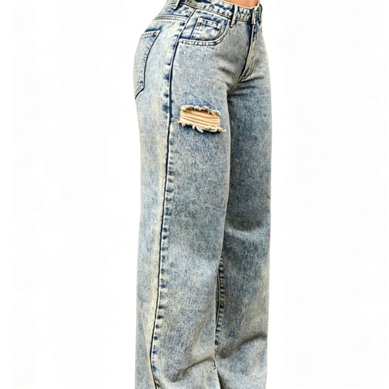 Damen High-Waist Relaxed-Jeans mit Steinwasch-Effekt und seitlichem aufgerissenem Einsatz Shop Nory