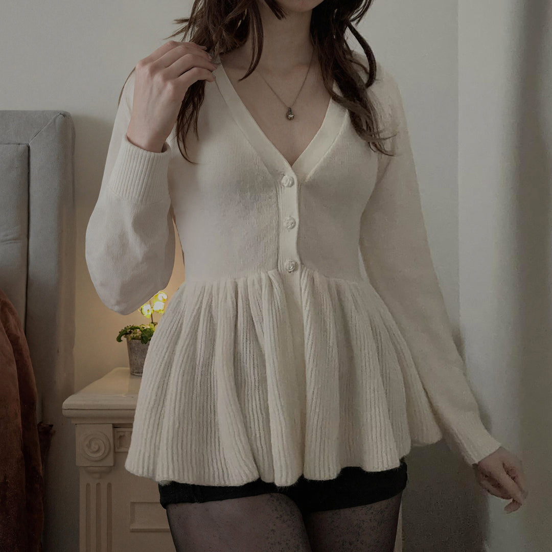 Damen nan geripptes Langarm-Top mit Empire-Taille, zierlicher Knopfleiste und Spitzenbesatz Shop Nory
