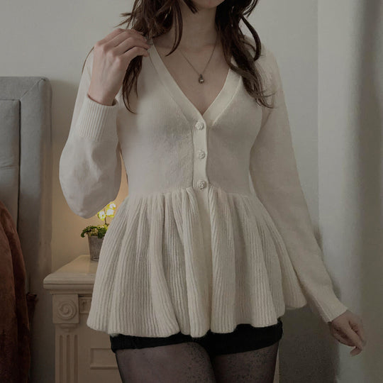 Damen nan geripptes Langarm-Top mit Empire-Taille, zierlicher Knopfleiste und Spitzenbesatz Shop Nory