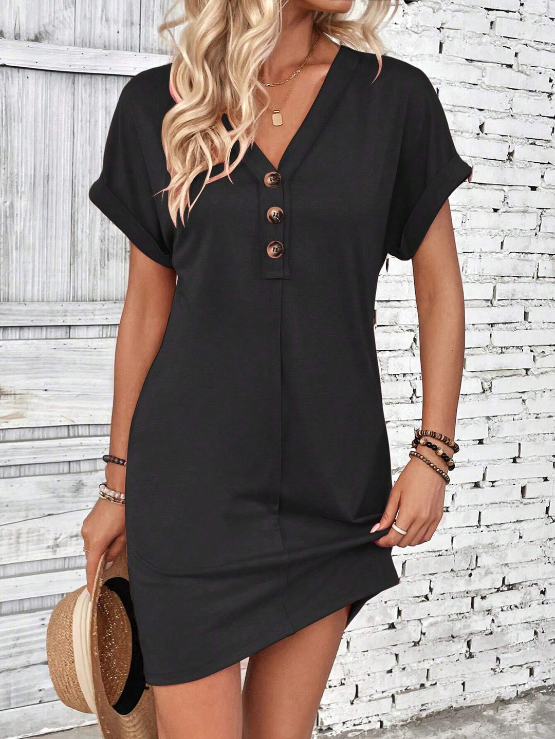 Damen Lockeres V-Ausschnitt Freizeitkleid mit Zierknopfleiste Shop Nory