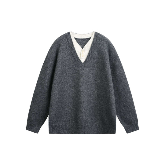 Damen Oversize V Neck Strickpullover mit Henley-Optik und gerippten Bündchen Shop Nory