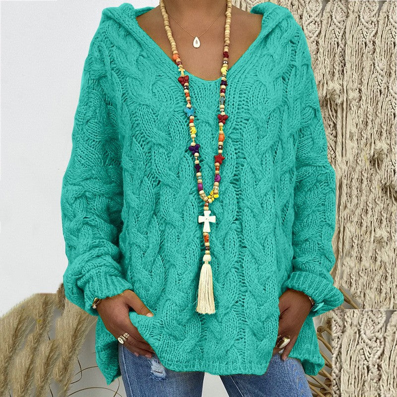 Damen nan oversized Kapuzenpullover mit Zopfmuster, tiefem V-Ausschnitt und seitlichen Schlitzen Shop Nory