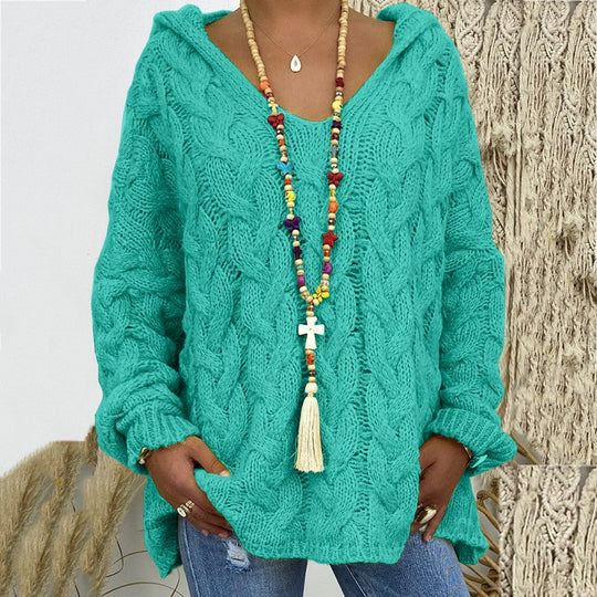 Damen nan oversized Kapuzenpullover mit Zopfmuster, tiefem V-Ausschnitt und seitlichen Schlitzen Shop Nory
